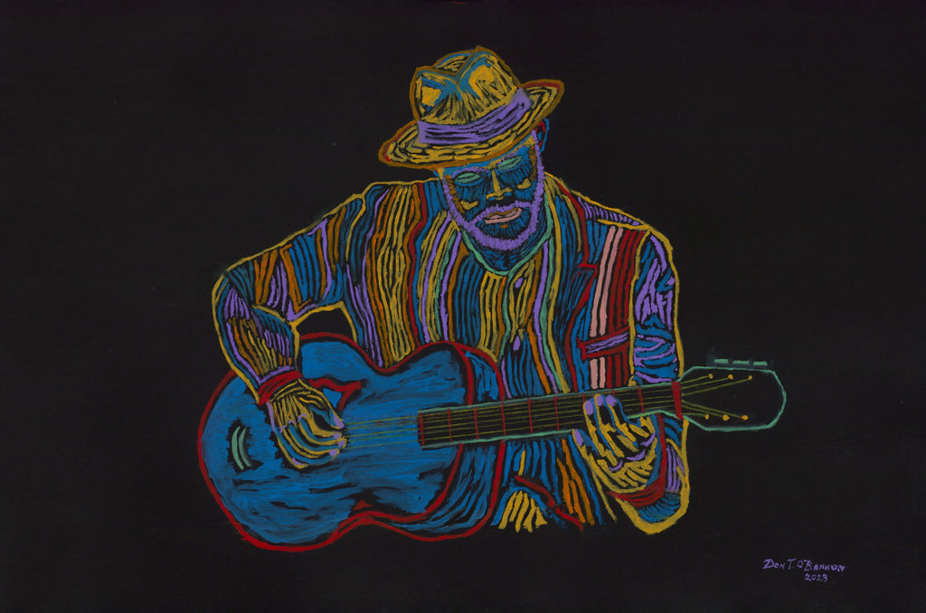 Big Easy Jazz - stylized guitar player, oil on black canvas 36x24 by Don T. O'Bannon