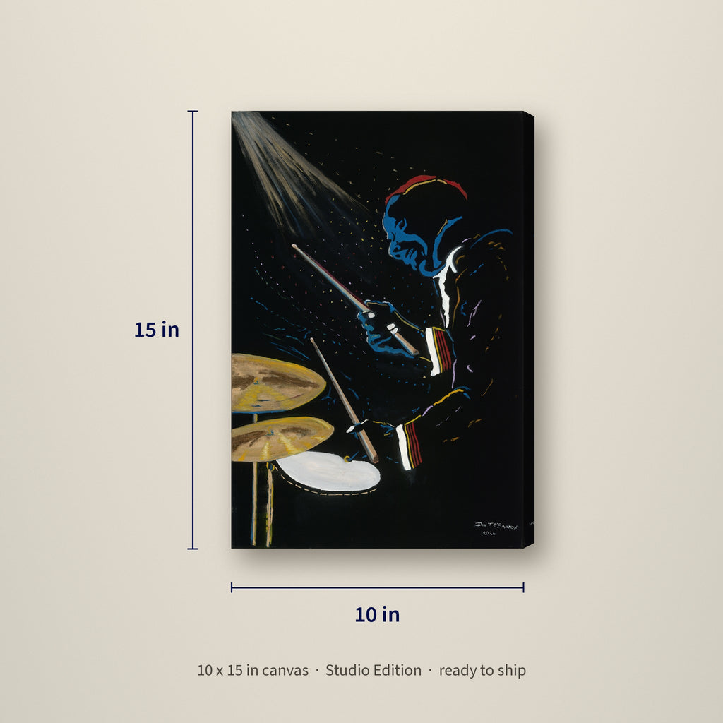 Blue Drummer — Studio Edition canvas, 10 x 15 inches, shown with measurements