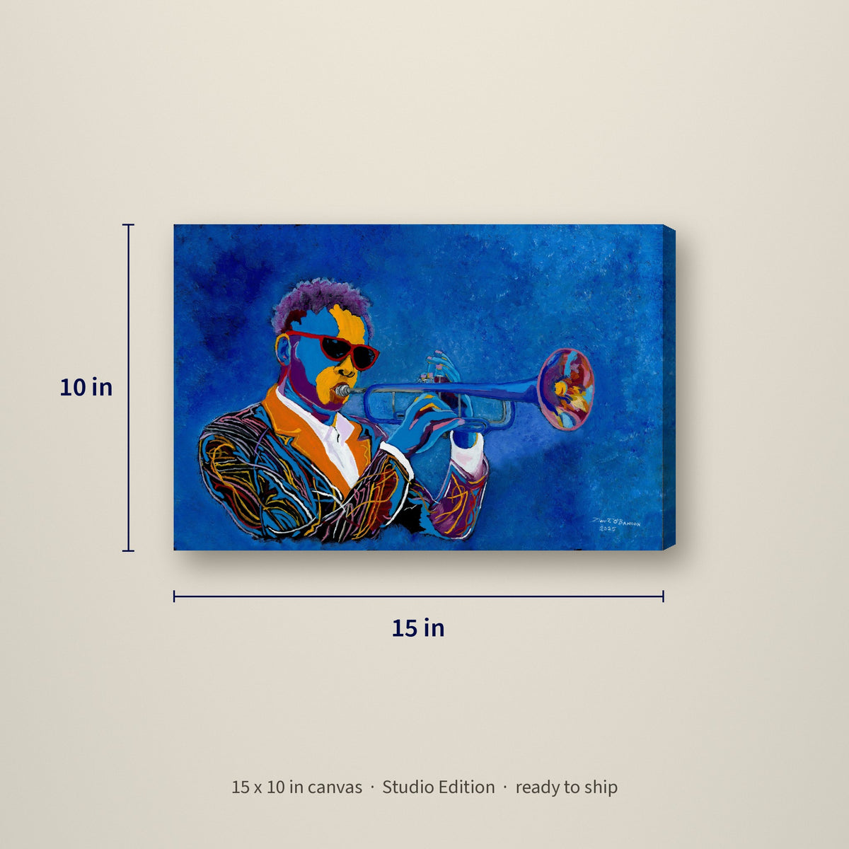 Blue Horn — Studio Edition canvas, 15 x 10 inches, shown with measurements