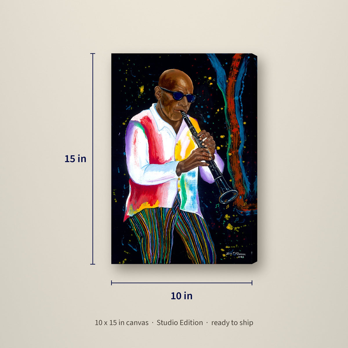 Jazz Clarinet — Studio Edition canvas, 10 x 15 inches, shown with measurements