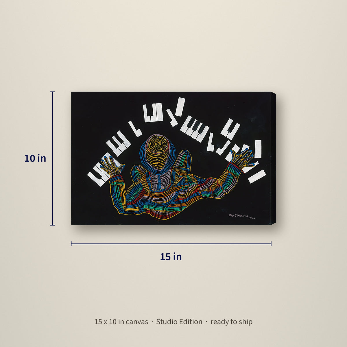 Piano Keys — Studio Edition canvas, 15 x 10 inches, shown with measurements